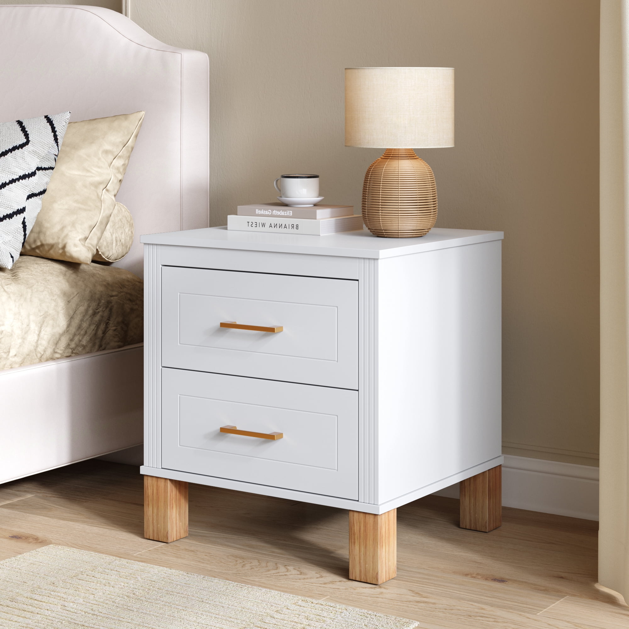 2 Drawer Nightstand, Fluted Design Bedside Table with Solid Wood Legs & Metal Handles, MDF Frame Storage Cabinet, Tall End Table for Bedroom Living Room