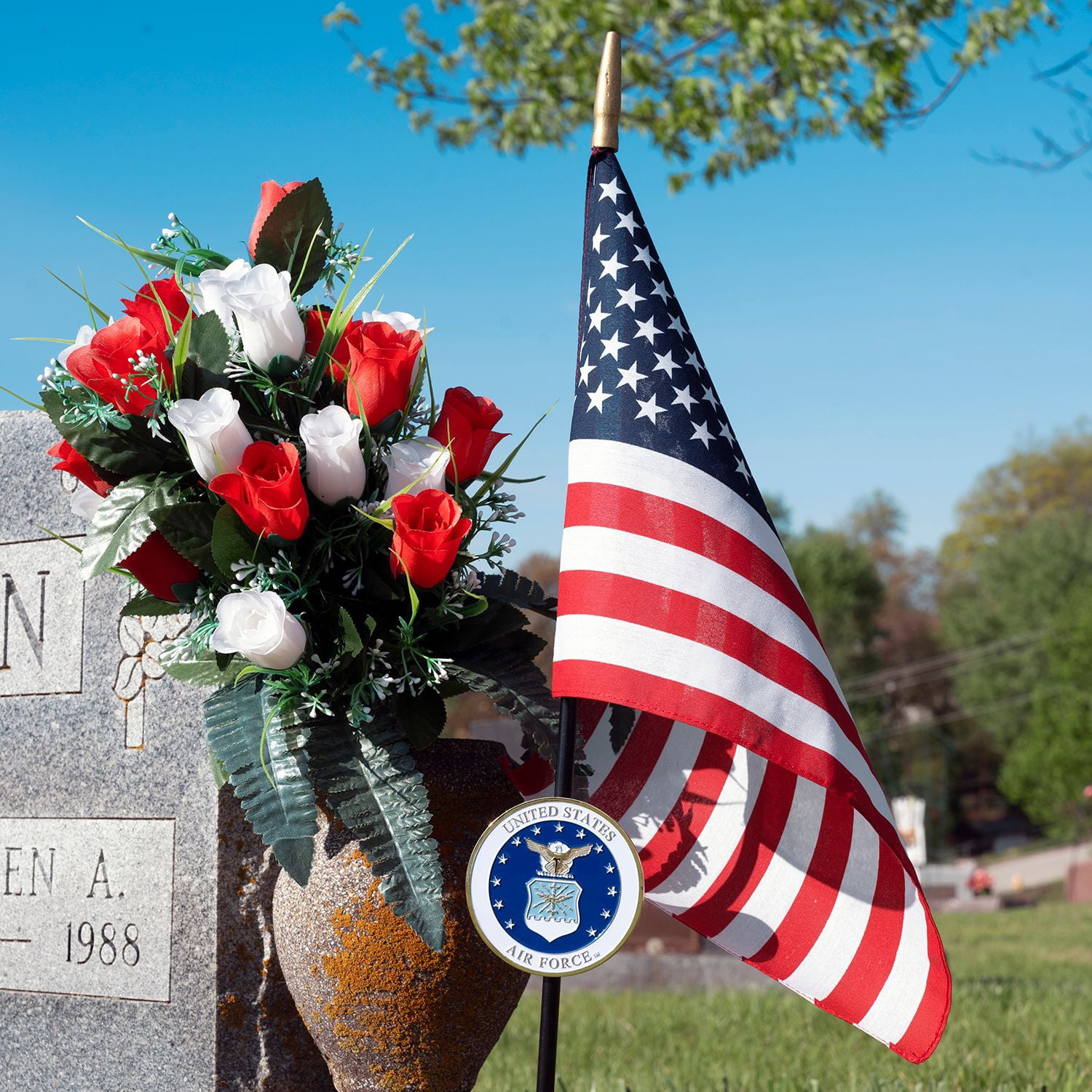 Allied Air Force Veteran Grave Marker With 30 Inch Tall American Cemetery Flag