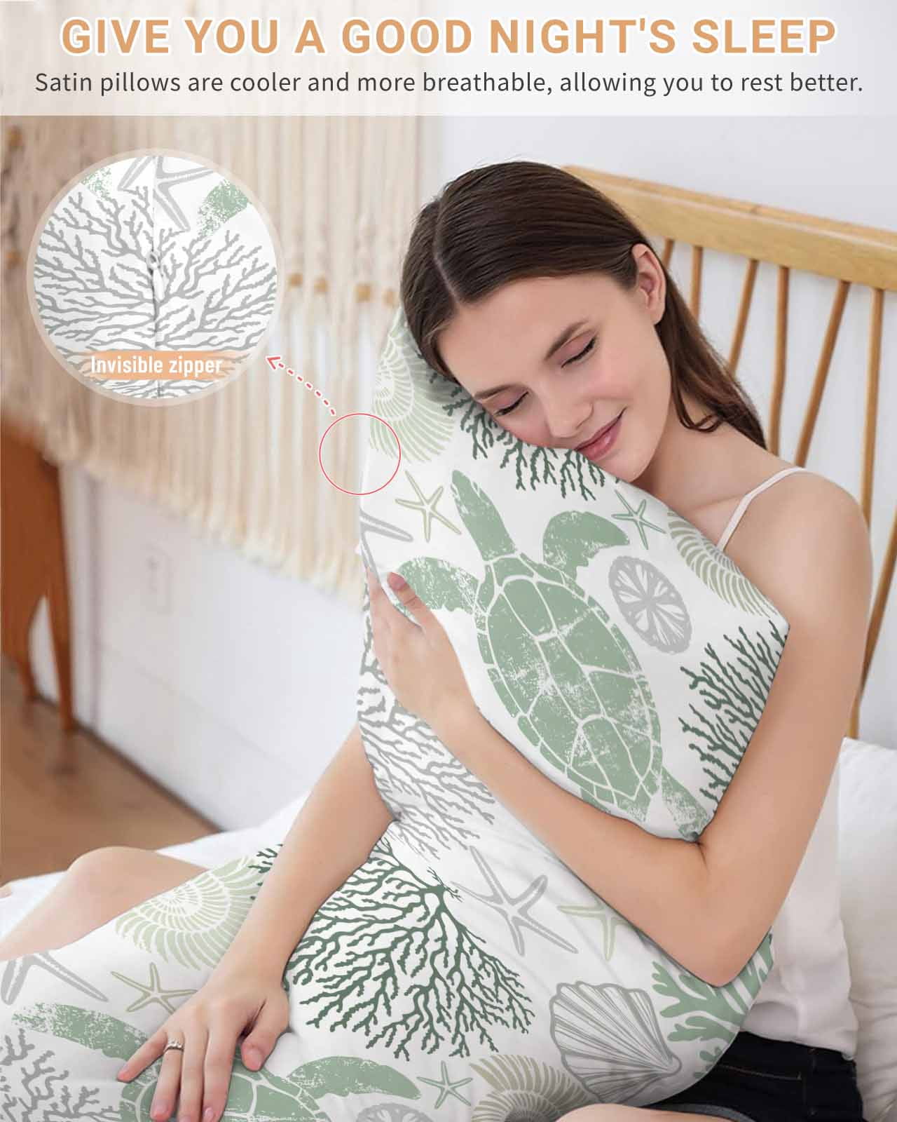 Sage Green Coastal Turtle Pillow Cases Body Size, Smooth Satin Pillowcase for Hair and Skin, Ocean Coral Nautical Decorative Cooling Bed Pillow Covers with Zipper, 20x54 Inches