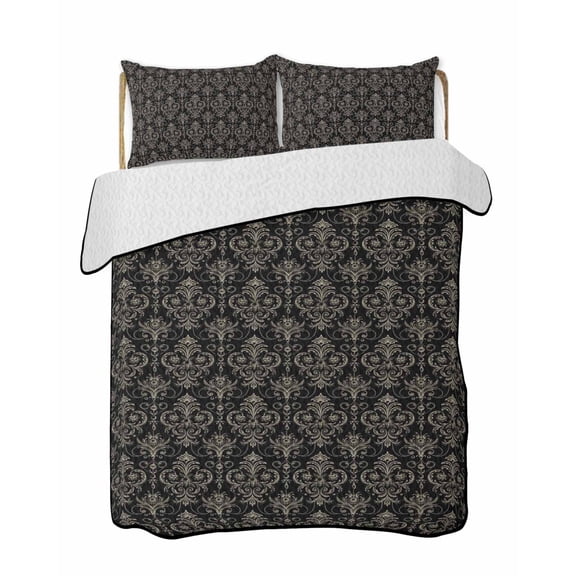 Quilts King Size Bedding Set, Black Floral Abstract Lightweight Quilted Comforter, Vintage Ethnic Bohemian Flowers Soft Reversible Bedspread Coverlet with Pillow Covers for All Season, 96" x 106"