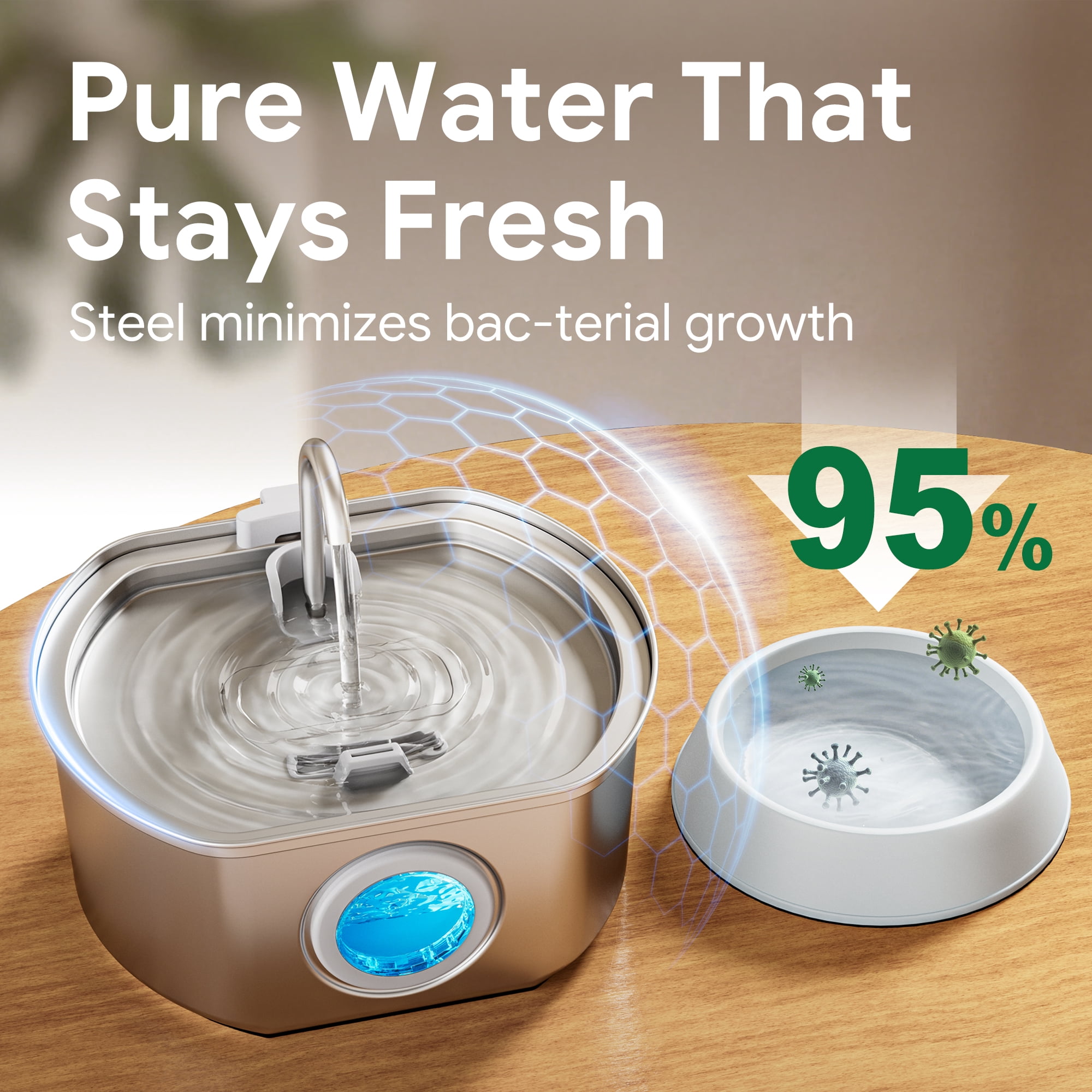 Neareal Cat Water Fountain Stainless Steel 108oz/3.2L Cat Fountain for Drinking- Pet Water Fountain Inside - Automatic Dog Watering Dispenser- Pet Feeding & Watering Supplies Water Level Window