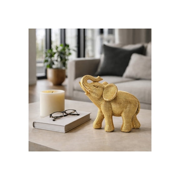 Decorative Resin Elephant Figurine for Home and Bathroom Decor - Ornament Statue for Office Desk, Living Room, or Shelf Styling - Elegant Accent for Entryway and Coffee Table - 7", Gold & Metallic
