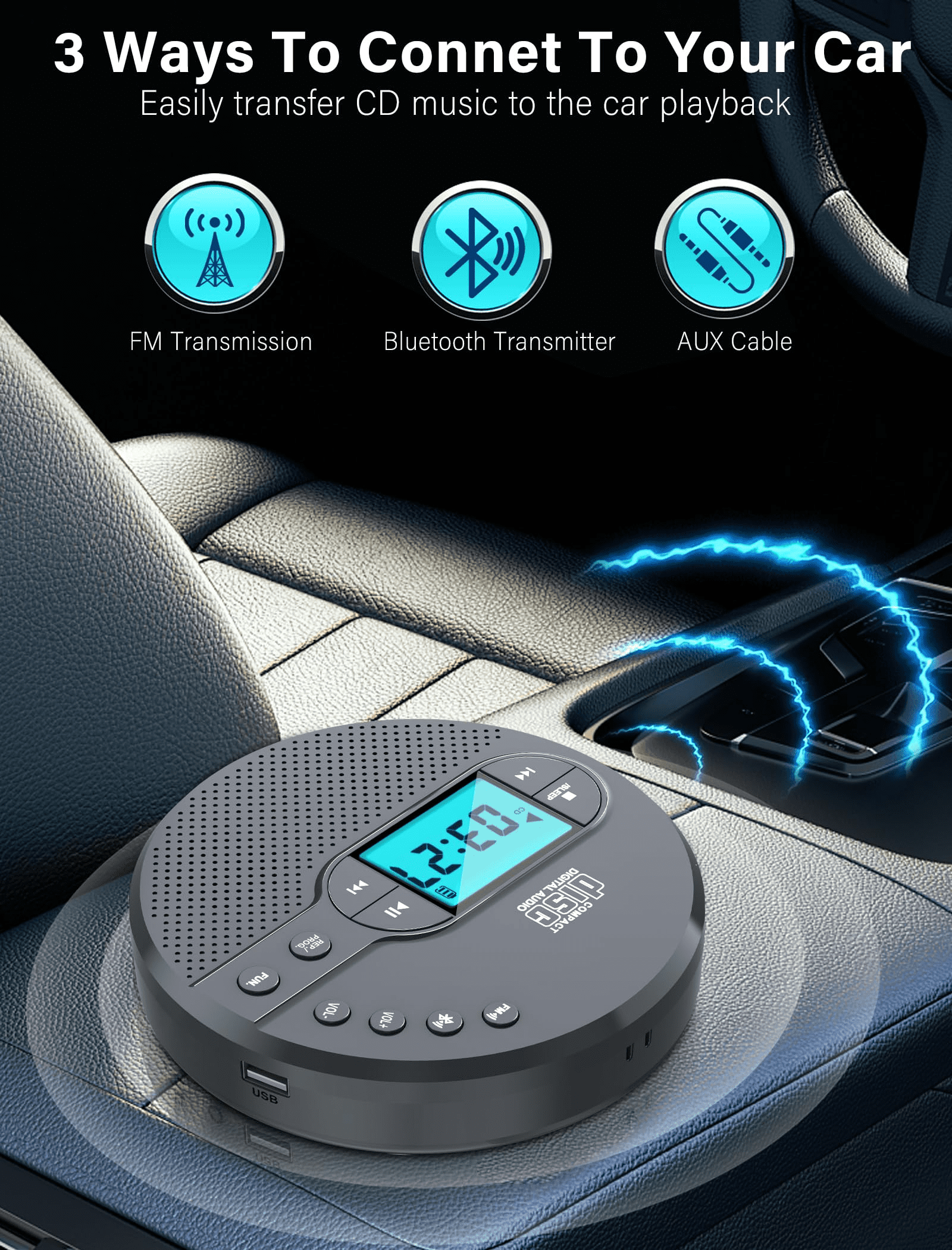 Jazmm NEW 2025 CD Player Portable with Bluetooth, 2000mAh Rechargeable Discman CD Player for Car