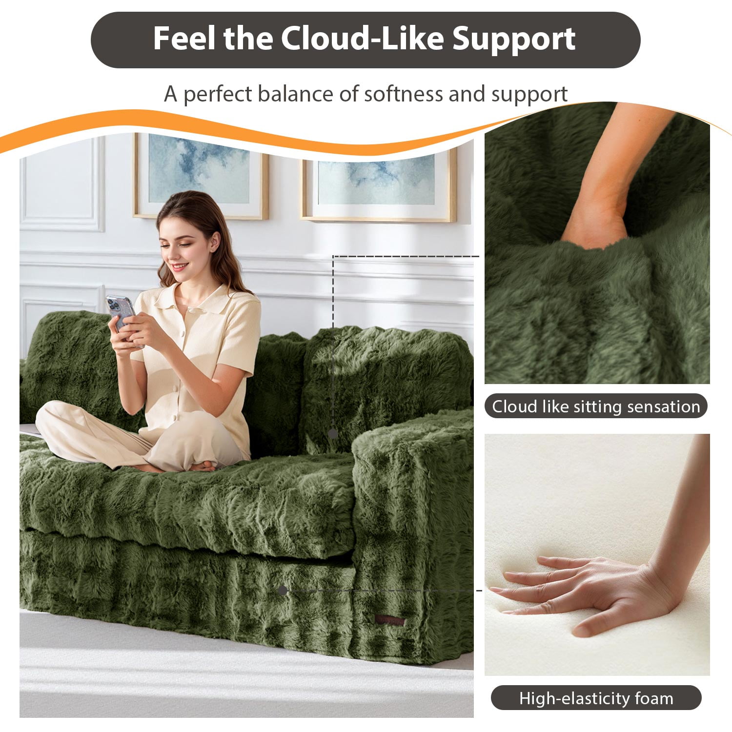 GOODONE 3 Seater Couch,Giant Bubbled Boneless Sofa Couch,Modern Comfy Floor Sofa with Armrests for Living Room and Apartments,No Assembly Required,Green