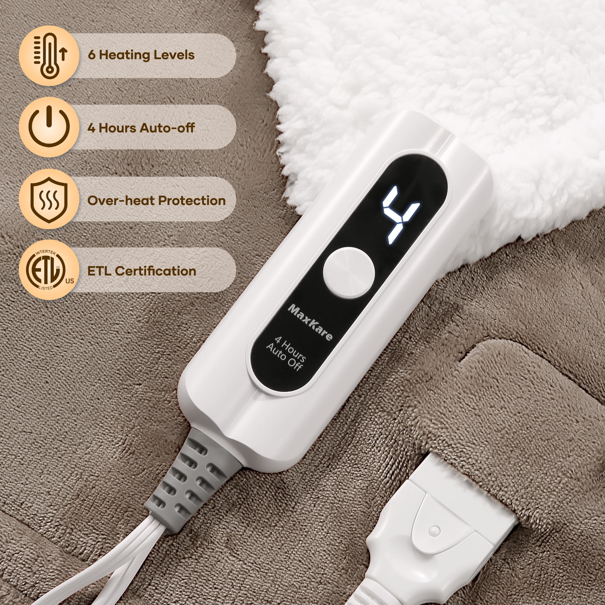 MaxKare Heated Throw Blanket, Electric Blanket with 6 Heating Levels & 4H Auto-off, Machine Washable, 50" x 60", Linen & White