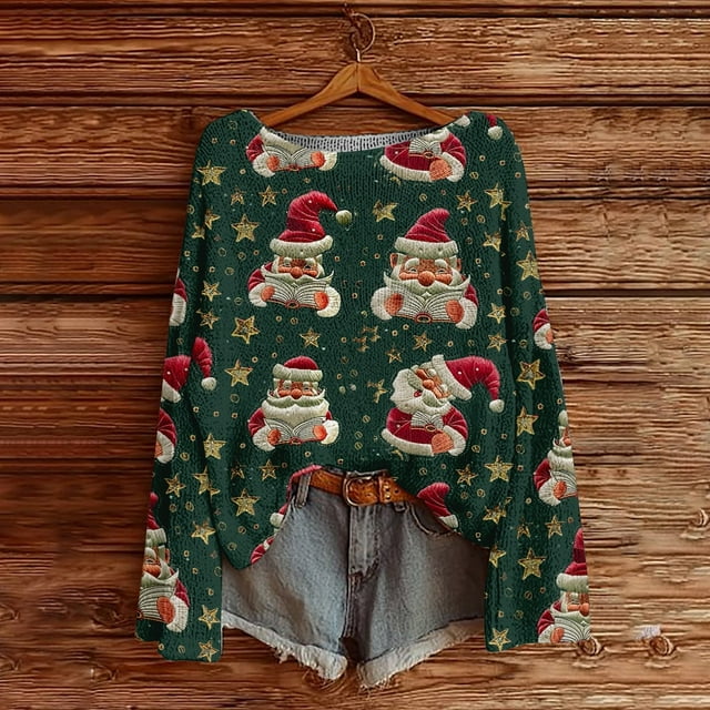 Chandails d'Hiver Grande Taille pour Femmes Mode Décontractée Imprimé de Noël Chandail à Manches Longues Noir TTG