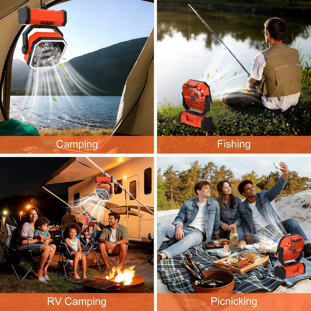 SuperRGB Portable Camping Fan, 20000mAh Rechargeable Battery Operated Fan with LED Light & Remote, 4 Speeds, Timer & Hanging Hook for Tent, Outdoor, Travel, Emergency Orange