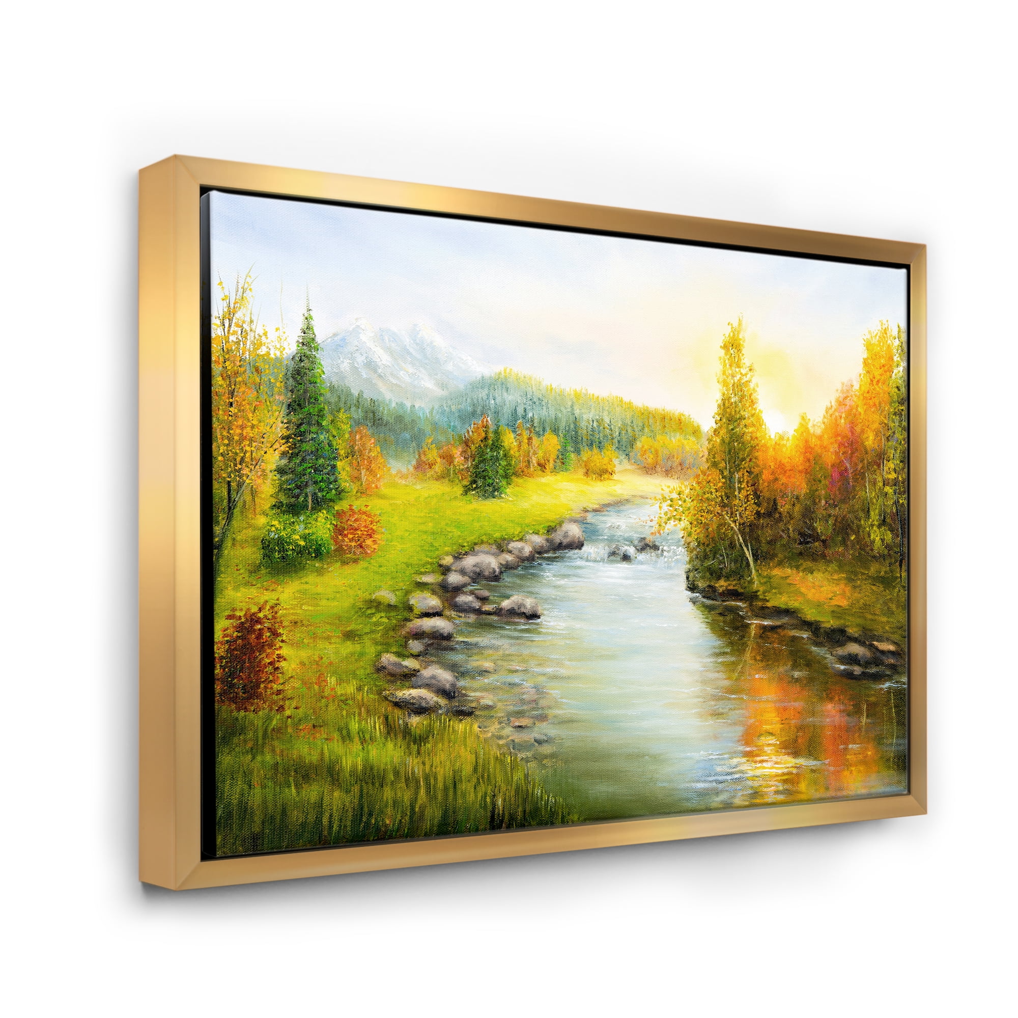 Designart 'Autumn Landscape With Forest River and Mountains' Lake House Framed Canvas Wall Art Print