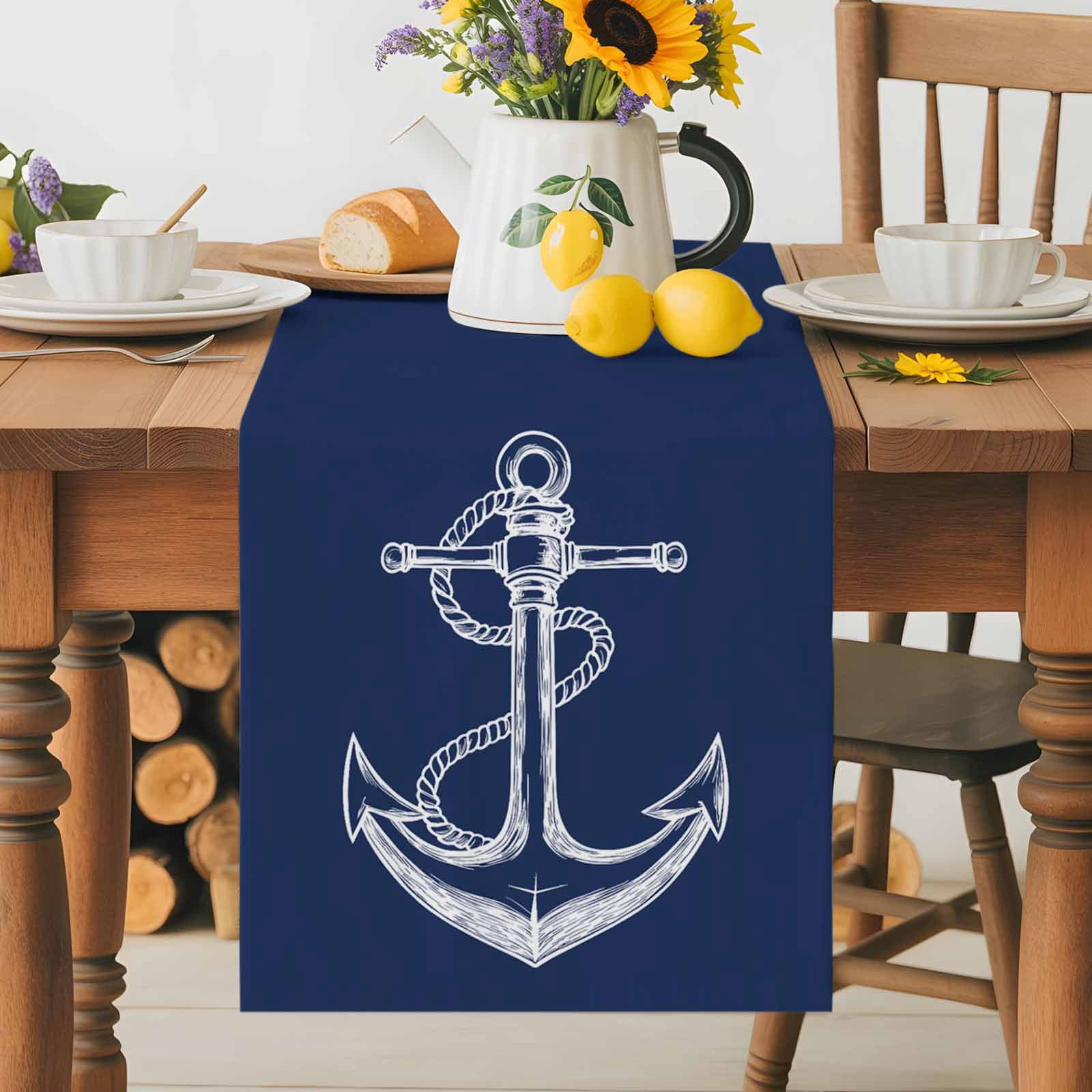 Nautical Sailing Anchor String Sketch Table Runner 90 Inches Long, Marine Navy Blue White Table Runners Tabletop Scarf Kitchen Dining Tables Decoration for Home Party Indoor Outdoor
