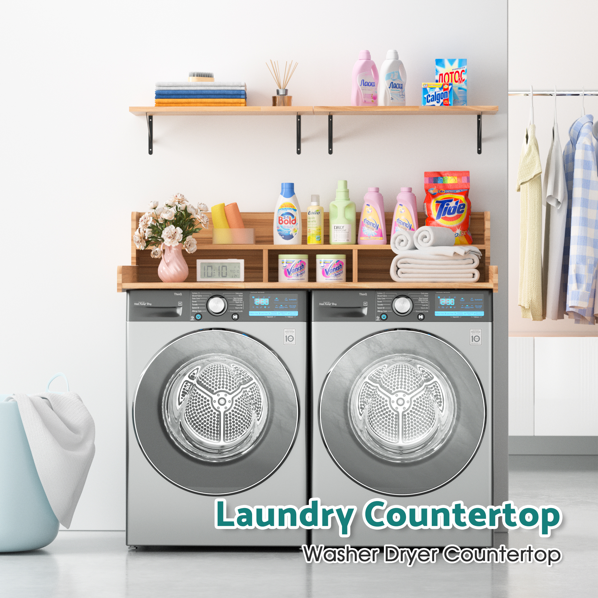 2-Tier Washer and Dryer Countertop with Storage Shelves & Non-Slip Pads, Laundry Room Organizer Countertop Set, Oak