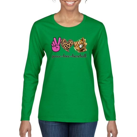 Peace Love Baseball Sports Womens Graphic Long Sleeve T-Shirt, Kelly, Medium