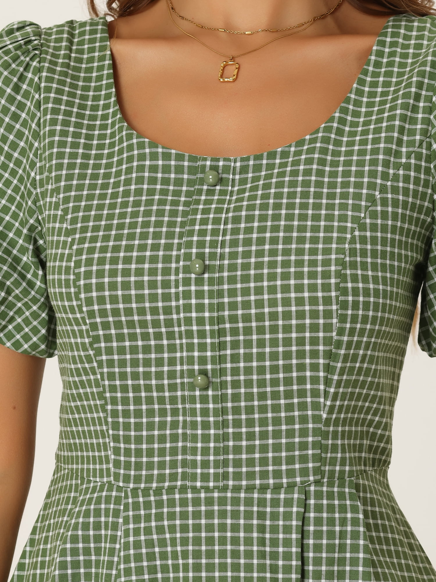 DARING DIVA Smocked Back Puff Short Sleeve Midi Dress S Green