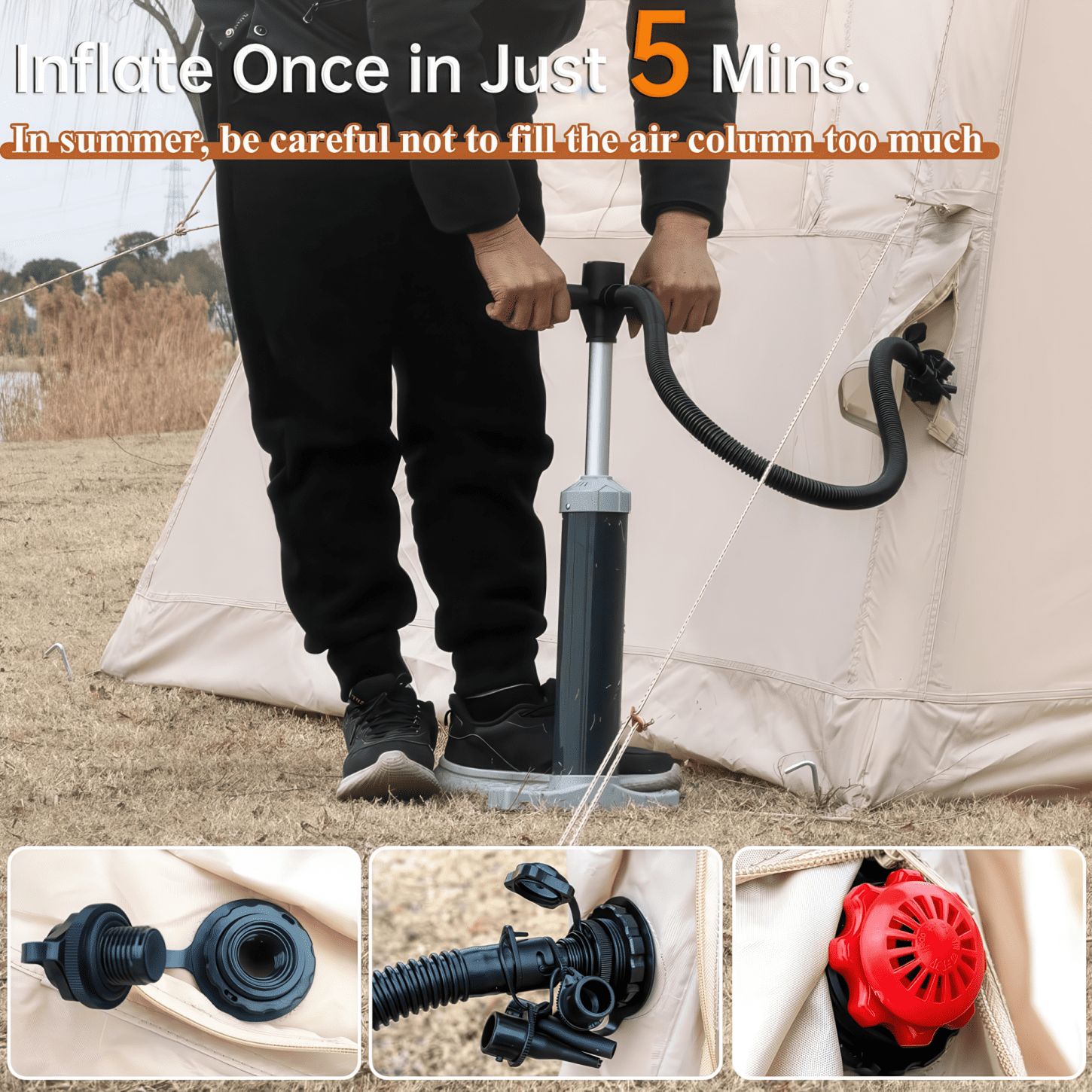 Inflatable Tent with Pump, 4-6 Person Instant Glamping Camping Tents House, Easy Setup Blow Up Family Tents for 4 Seasons, Waterproof Inflatable Tent for Camping with 12 Mesh Windows, khaki