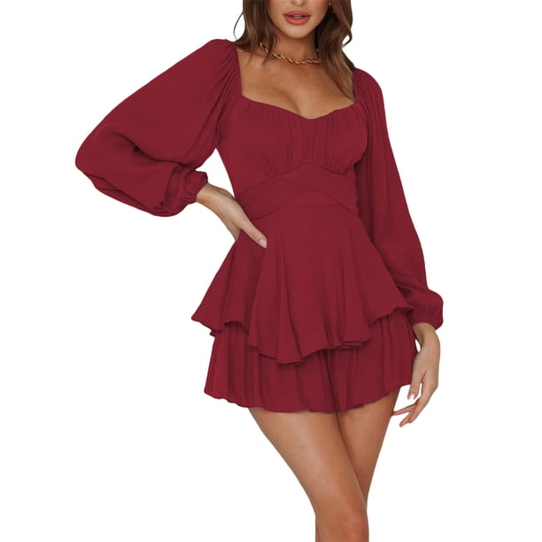 TRKIYQC Mono Corto Suelto para Mujer, Mono Corto con Volantes Fruncidos y Manga Larga con Linterna de Color Sólido TRKIYQC moda