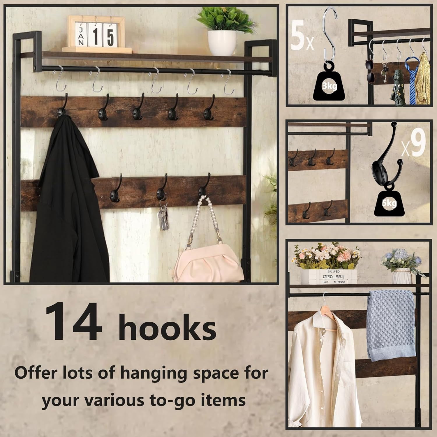 Coat Rack with Shoe Storage, Hall Tree with Bench, 5 in 1 Shoe and Coat Rack for Entryway, with 9 Hooks, A Hanging Rod, 35.5x12x70.8in