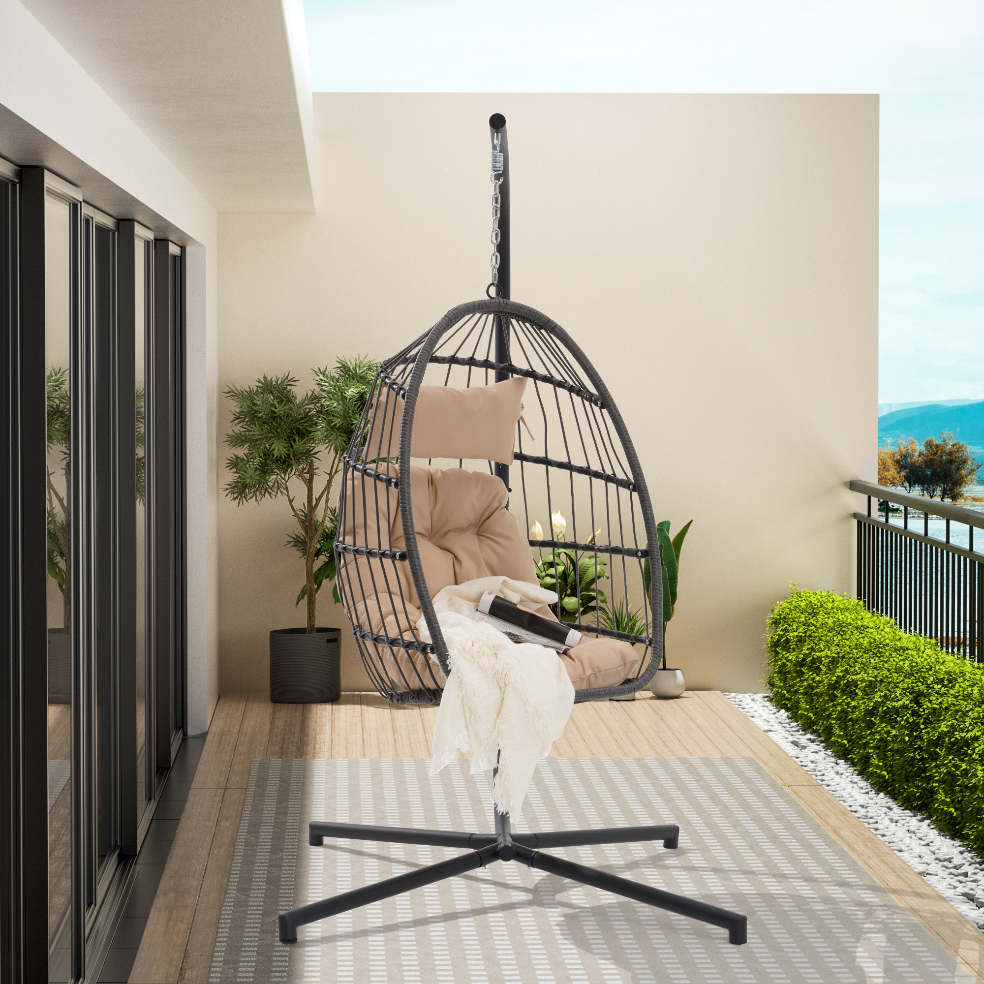 Wicker Swing Chair, BTMWAY Patio Foldable Egg Chair with Stand and Cushions, Outdoor All-weather Rattan Hammock Egg Chair Folding Hanging Chair for Balcony Backyard Garden Poolside, Holds 380lb, Beige - image 3 of 4