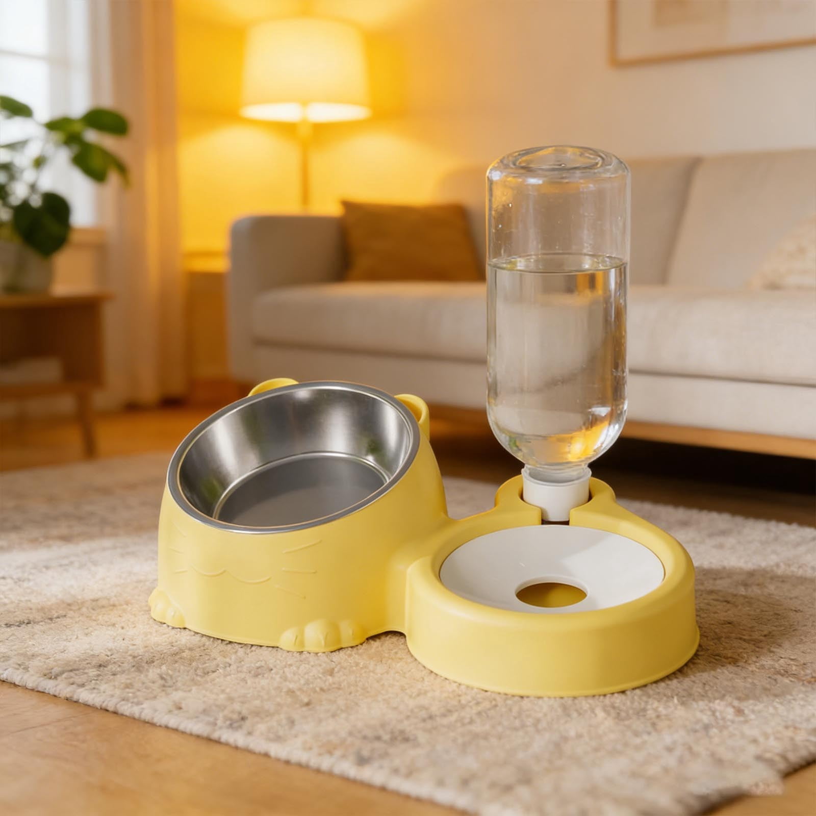 Double Cat Bowl Feeder with Automatic Water Dispenser Elevated Pet Food and Water Station for Small Animals