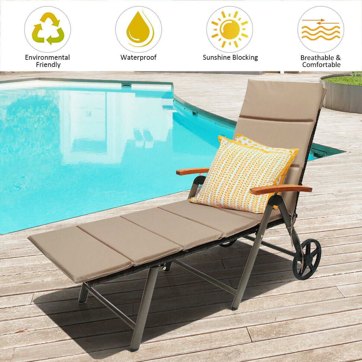 Gymax Fashion Folding Patio Rattan Lounge Chair Chaise Cushioned Aluminum Adjust Wheel