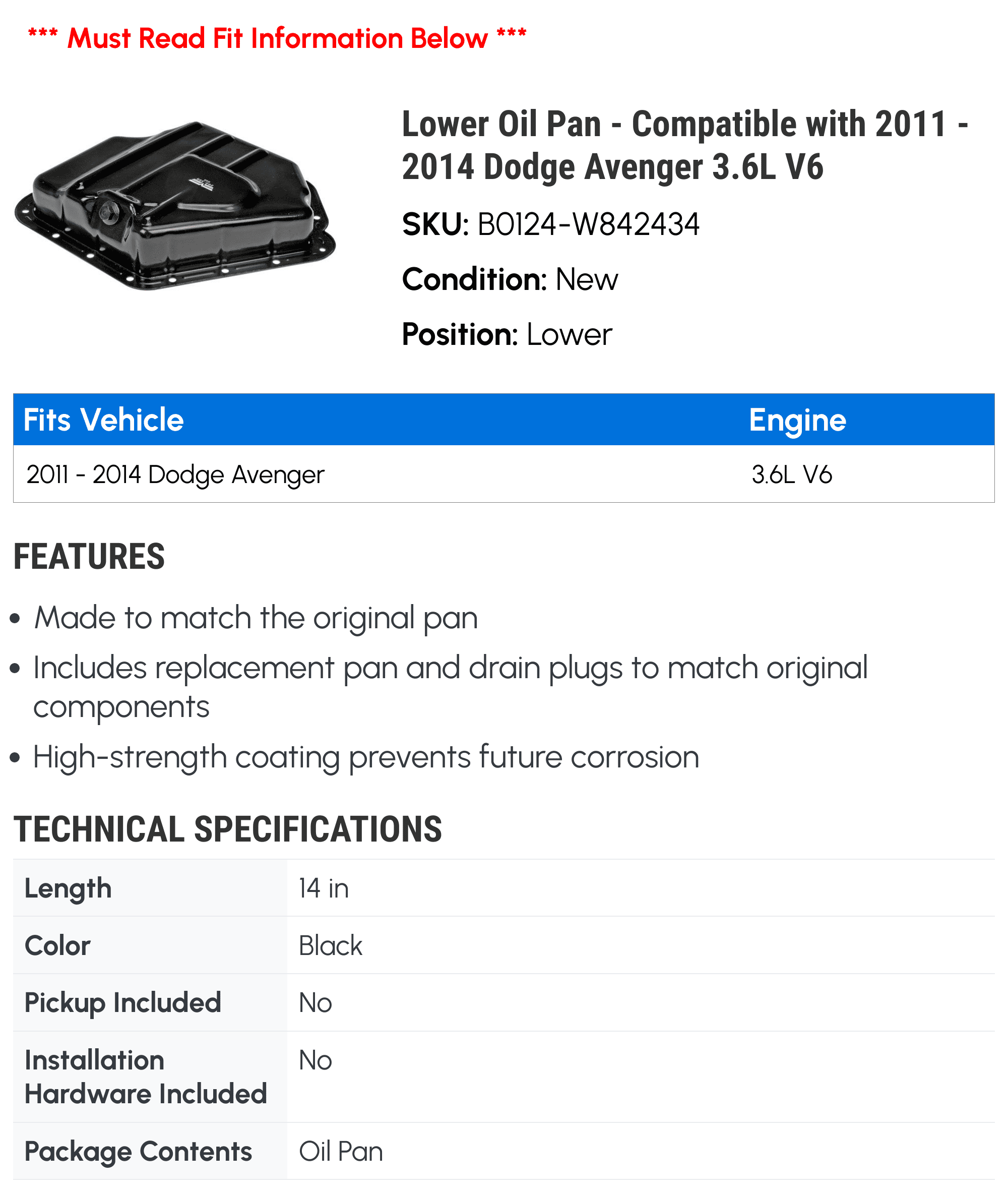 Lower Oil Pan - Compatible with 2011 - 2014 Dodge Avenger 3.6L V6 - Dorman