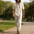 thumbnail image 2 of Mens 2 Piece Linen Set Summer Beach Short Sleeve Button Down Hooded Shirt Long Pant Vacation Casual Outfit with Short Sleeve Button-Up Top and Relaxed Long Pants Khaki M, 2 of 6