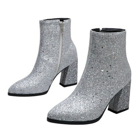 

NUOLUX 1 Pair High Heel Sequins Ankle Boots Pointed Toe Women s Boots Side Zipper Boots