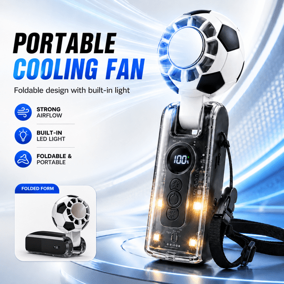 Portable Handheld Turbo Fan with Ice Cooling, Rechargeable Mini Fan, 5 Speeds Foldable Personal Fan with LED Light, Long Battery Life for Travel, Office, Outdoor Summer Essentials