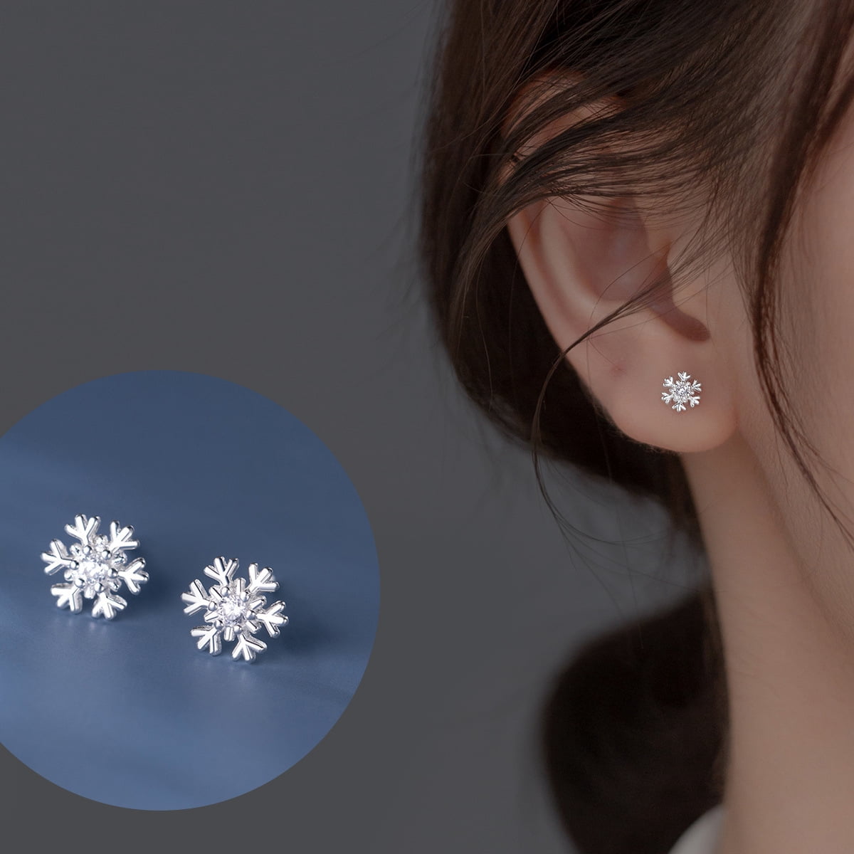 RYSKYJEWELRY Snowflake Clear Stud Earrings, 925 Sterling Silver, Women, All Ages