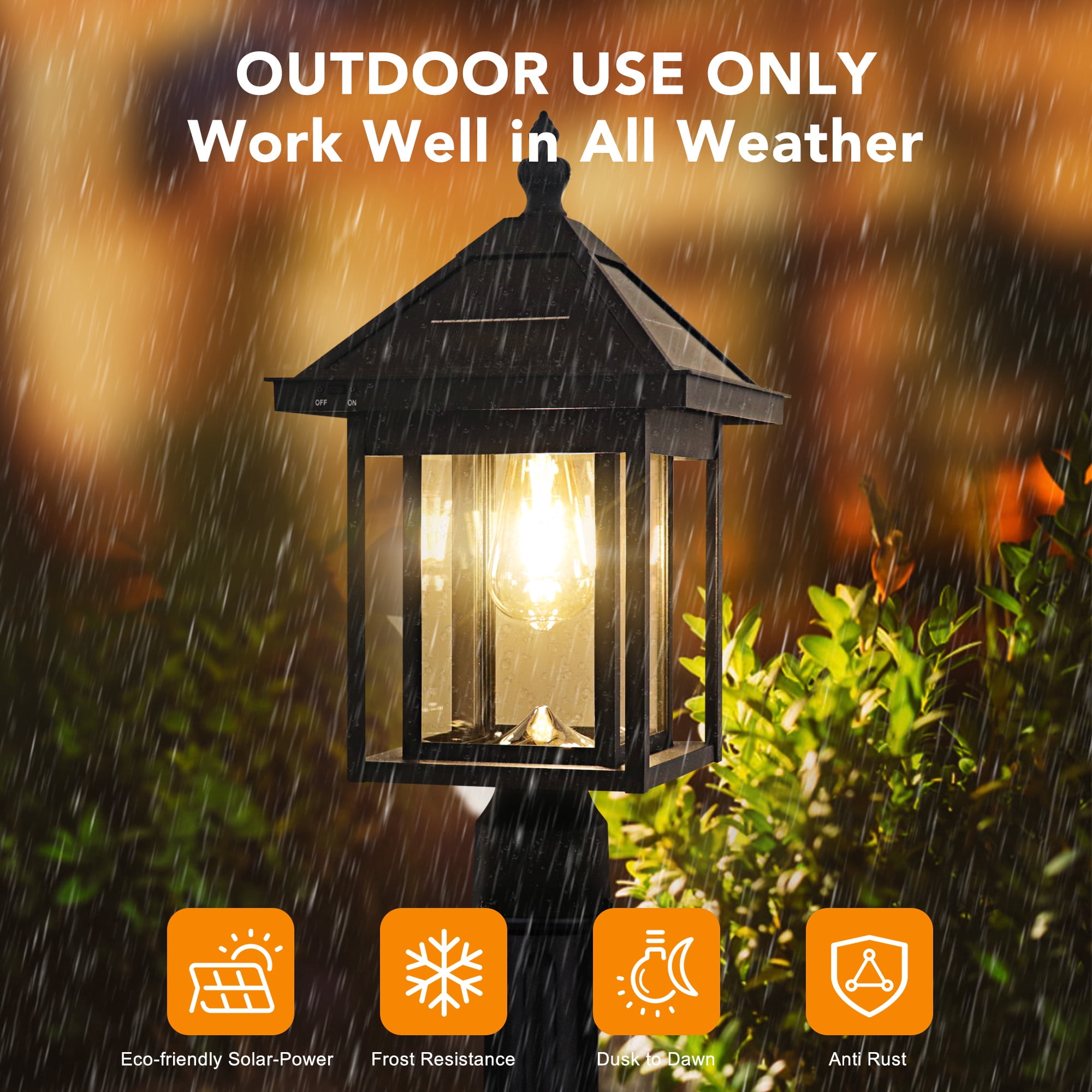 KMC LIGHTING ST4343Q-B Solar Post Lights Outdoor Die-cast Aluminum LED Solar Lamp Post Light Waterproof LED Pillar Lights with Real Glass for Patio Yard Driveway Garden Porch