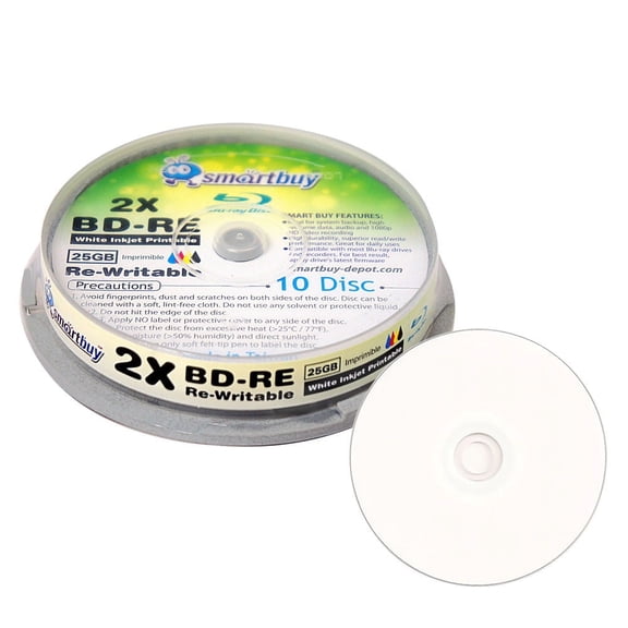 10 Pack Smartbuy 2x 25GB Blue Blu-ray BD-RE Rewritable White Inkjet Hub Printable Blank Bluray Disc