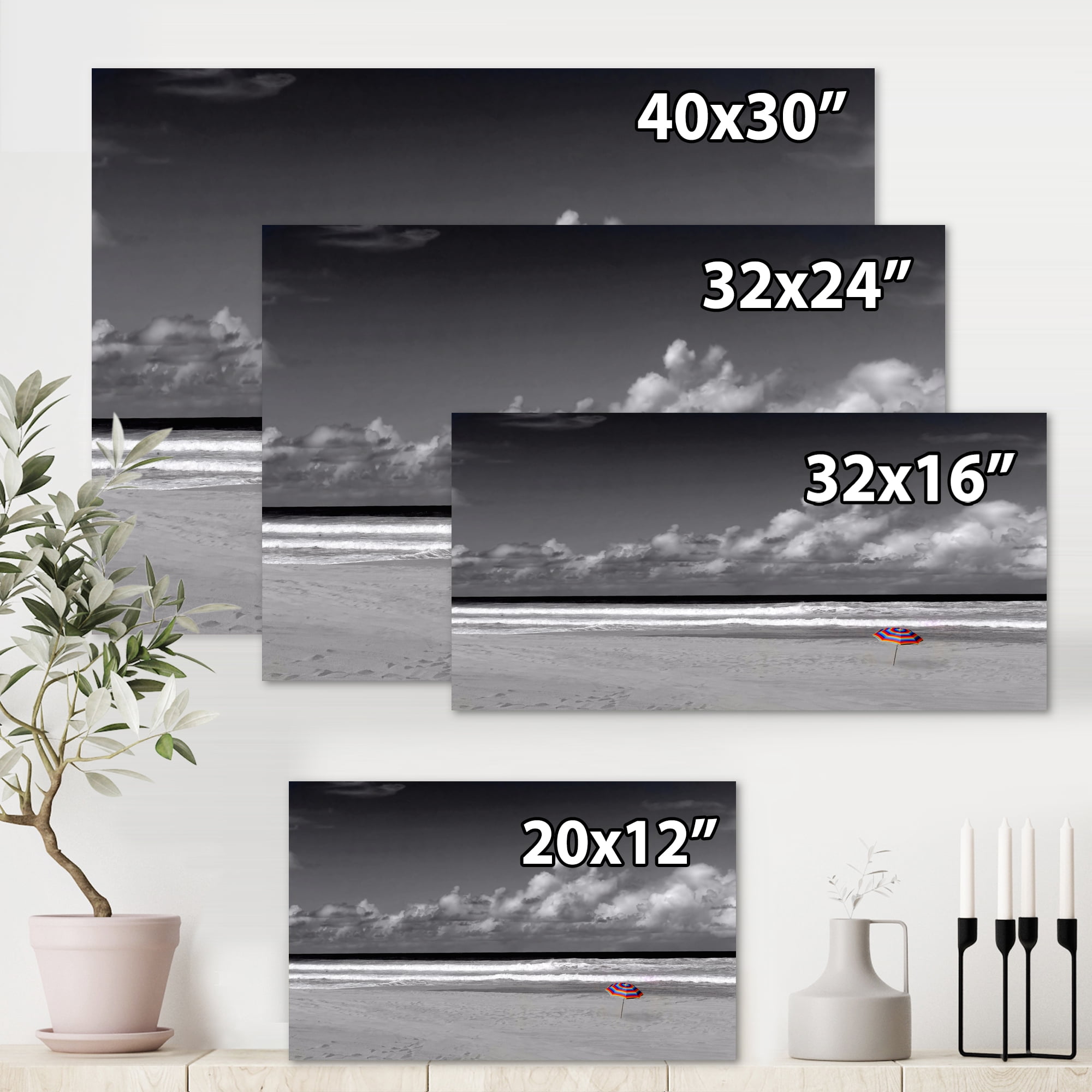 Designart ' Black and White Coastline Under Cloudy Sky ' Lake House Canvas Wall Art Print