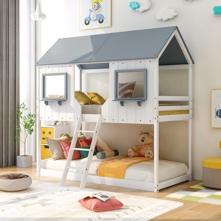 Twin Over Twin Bunk Bed  Wood Bunk Bed Frame  Twin Size House Bed with Roof  Window  Guardrail and Ladder (White  Twin/Twin)