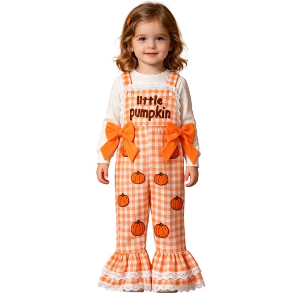 Gunia Baby Girls Halloween Outfit Embroidered Suspenders Plaid Bowknot Lace Flared Long Pants Autumn Jumpsuit Romper Outfits Orange 12-18 Months