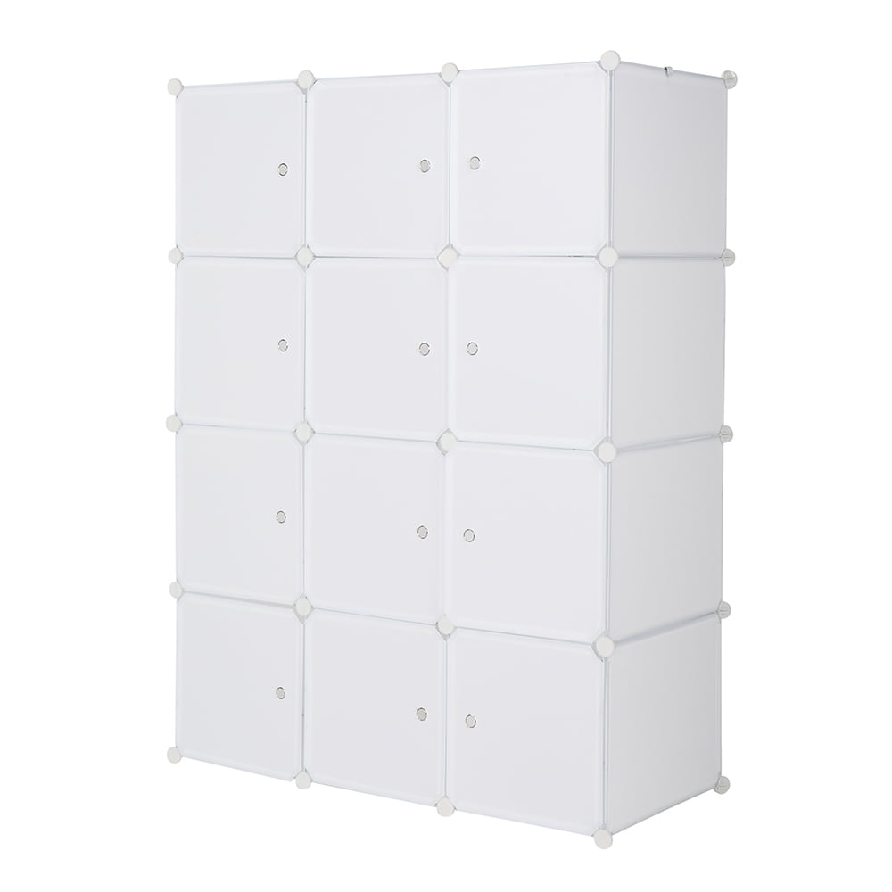 12 Cube White Stackable Storage Organizer, ABS PP Plastic Rust-proof Metal Frame Modular Closet Cabinet with Hanging Rod, Multifunctional DIY Cube Shelves for Home Office Kids Room
