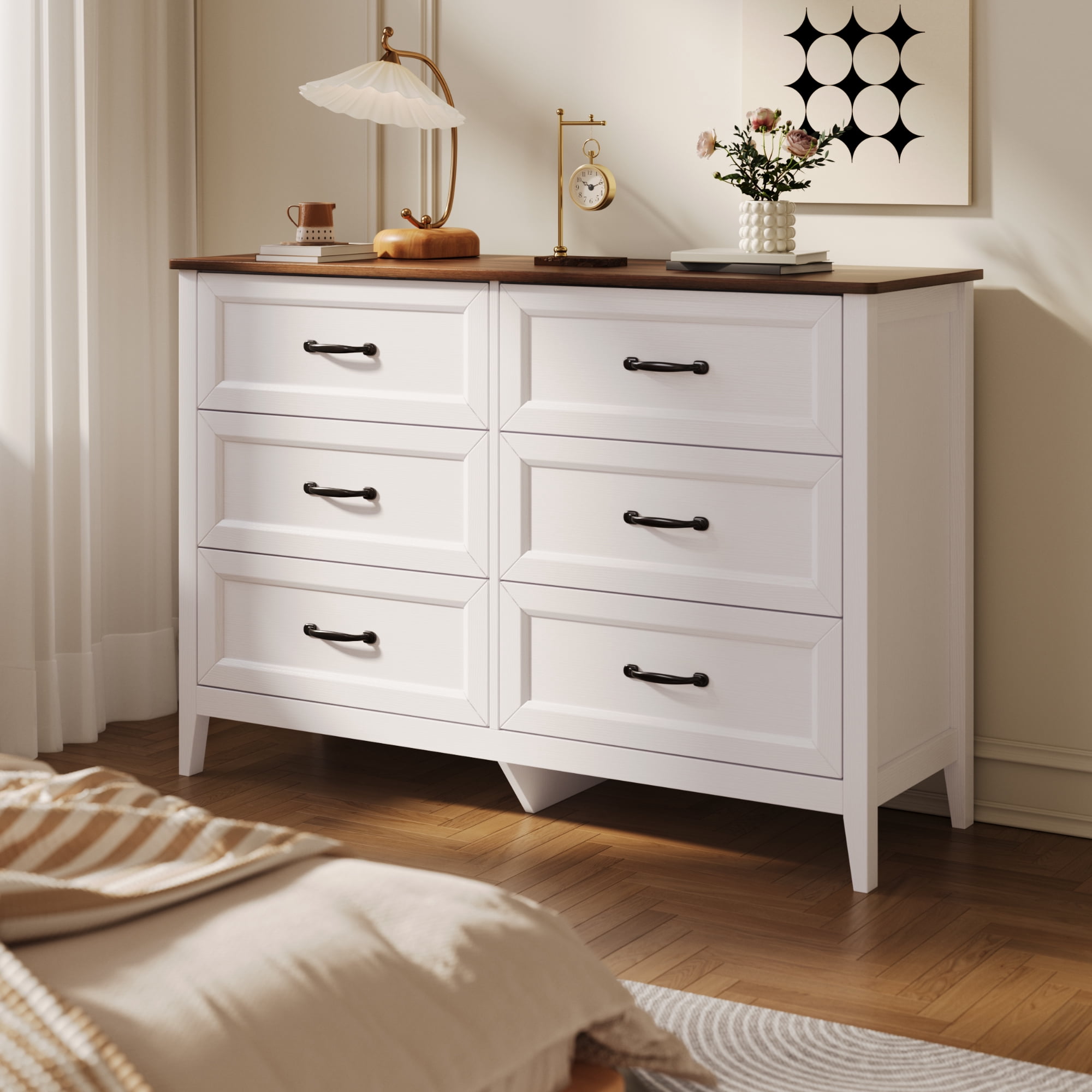 Aiho 6-Drawer Double Dresser - Modern Wood Chest with Anti-Tip Safety, Cutout Handles & Smooth Gliding Drawers | Nursery, Kids & Bedroom Storage - White