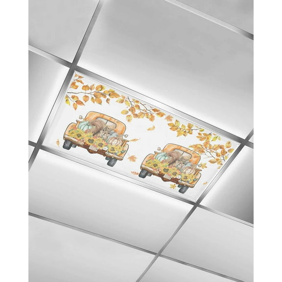 Fluorescent Light Covers for Ceiling Lights 1 Pack, Squirrel Truck Fall Magnetic Ceiling Light Covers 2x4ft for Classroom Office School, Autumn Floral Botanical Orange Drop Ceiling Light Shade