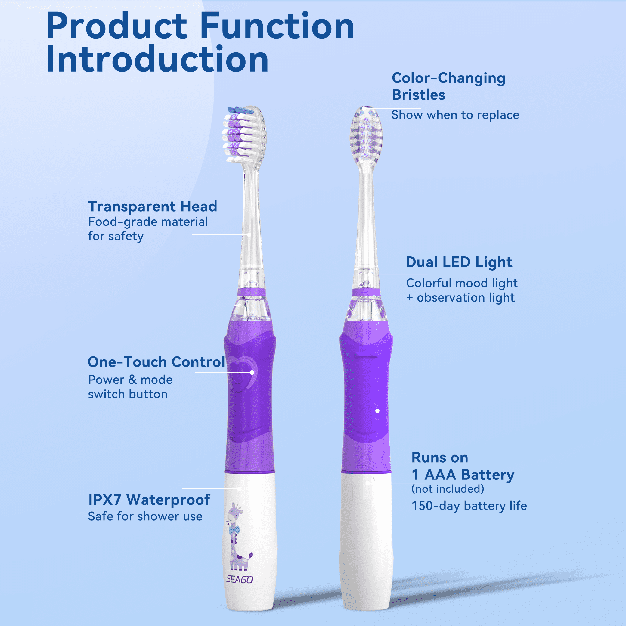 Seago Kids Battery Electric Toothbrush,SG-977Purple,Rainbow LED Light,8 Brush Heads,for Kids 3+