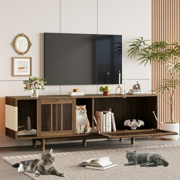 ZephyPaws Mid Century Modern 2-in-1 Cat Furniture, 74" TV Stand with Cat House & Hidden Litter Box Enclosure, Wood Console with Sisal Scratching Board & Sliding Glass Doors, Walnut