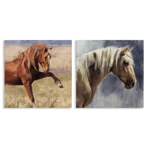 Stupell Industries Rustic Stallions Portraits Animals Painting Wrapped Canvas Art Print Wall Art, 17 x 17, Set of 2