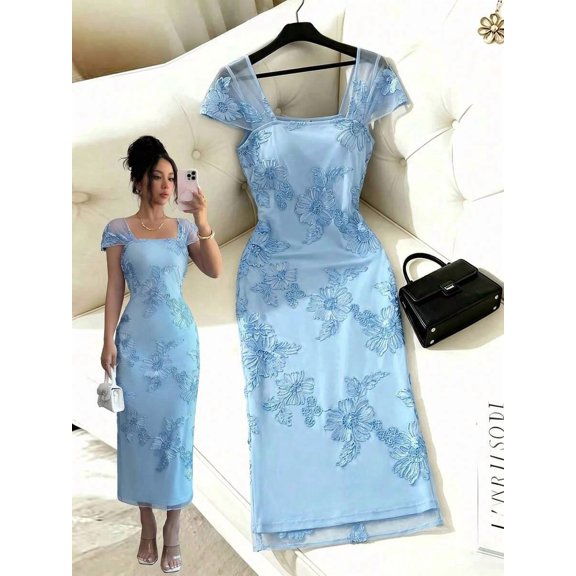 Blue Womens Elegant Floral Embroidered Mesh Midi Dress With Square Neck And Short Puff Sleeves