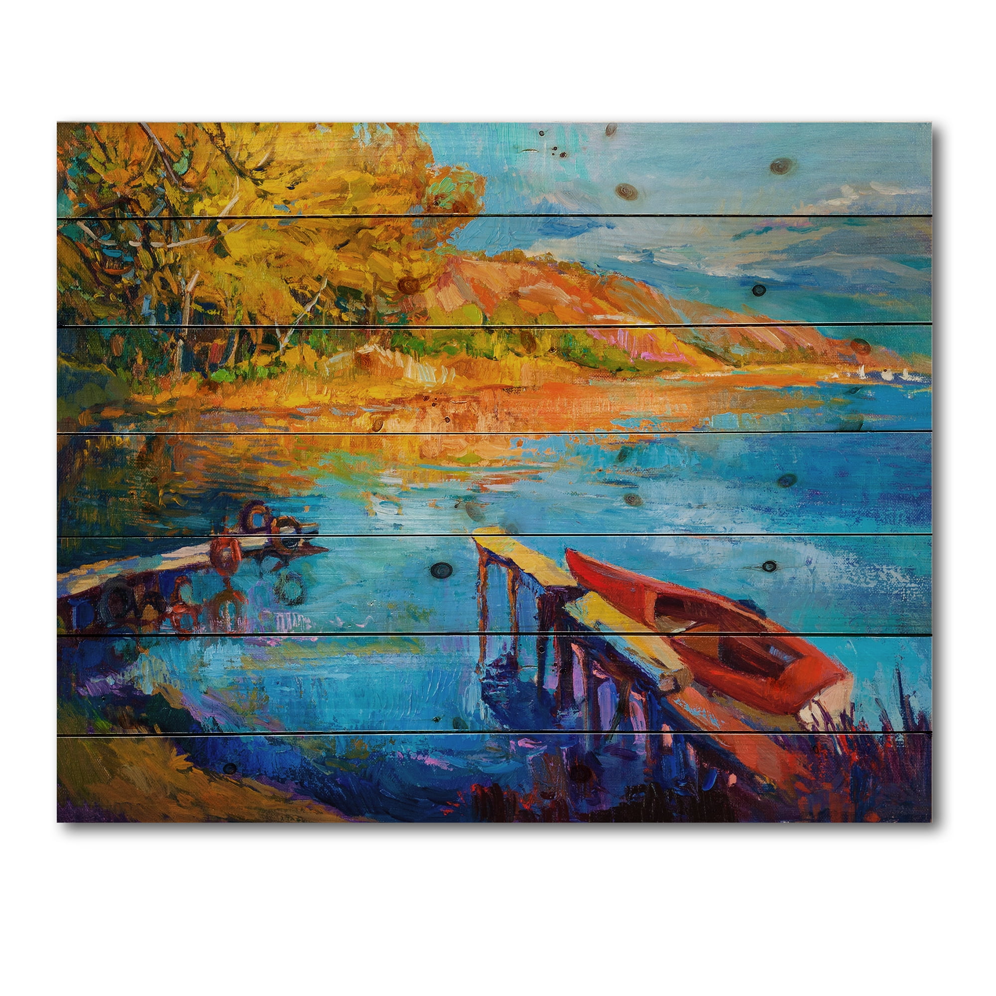 Designart 'The Lake At Sunset Evening Glow II' Lake House Print on Natural Pine Wood