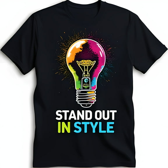 Colorful Lightbulb Graphic Black T-Shirt Stand Out In Style Design