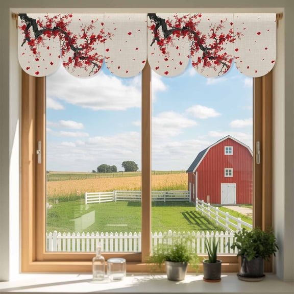 Red Flower Door Banner Spring Floral Branch Water Ink Painting Retro Gradient Small Scalloped Hanging Banner for Door, Hanging Flag Backdrop Decoration for Wall Window Party 3pcs, 8 x 12 Inch