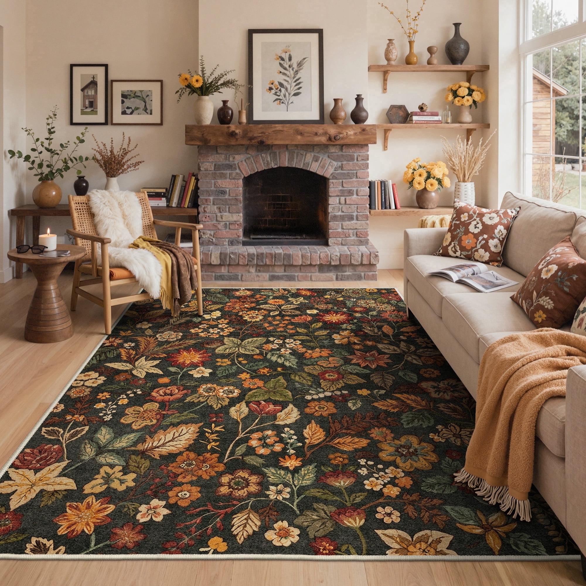 KUETH 5x7 Vintage Floral Area Rugs Machine Washable Rugs for Living Room, Non Slip Flat Pile Rug with Rubber Backing, Boho Rug for Entryway Bedroom Dining Room Home Office