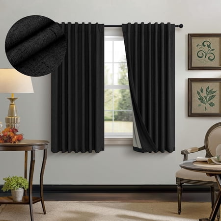 54 Inch Blackout Curtains Length 2 Panels Set Back Tab Pocket Room Darkening Insulating Thermal Short Sunblock Solar Soundproof Black Dark Out Curtains for Bedroom Nursery Man Cave 52x54 Long