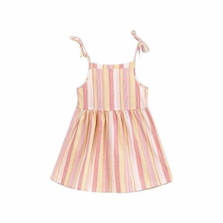 

DNDKILG Baby Toddler Girls Summer Dresses Square Neck Sundress Sleeveless Striped Dress Yellow 9M-4Y 130