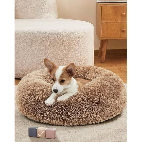 Calming Donut Dog Bed Pillow for Small Medium Pets, Machine Washable Removable Cover, Comfort Plush Fluffy Faux Fur with Anti-Slip Bottom, Cats-Friendly Round Cuddly Design, Ocher, 23 inches