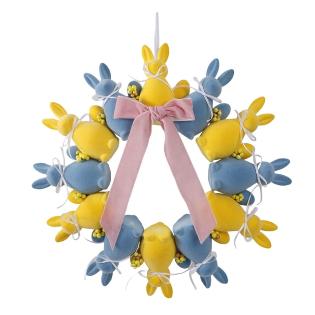 Dvumao Easter Decorations, Easter Realistic Flocked Rabbits Wreath Animals Figurine Bow Doll Decoration