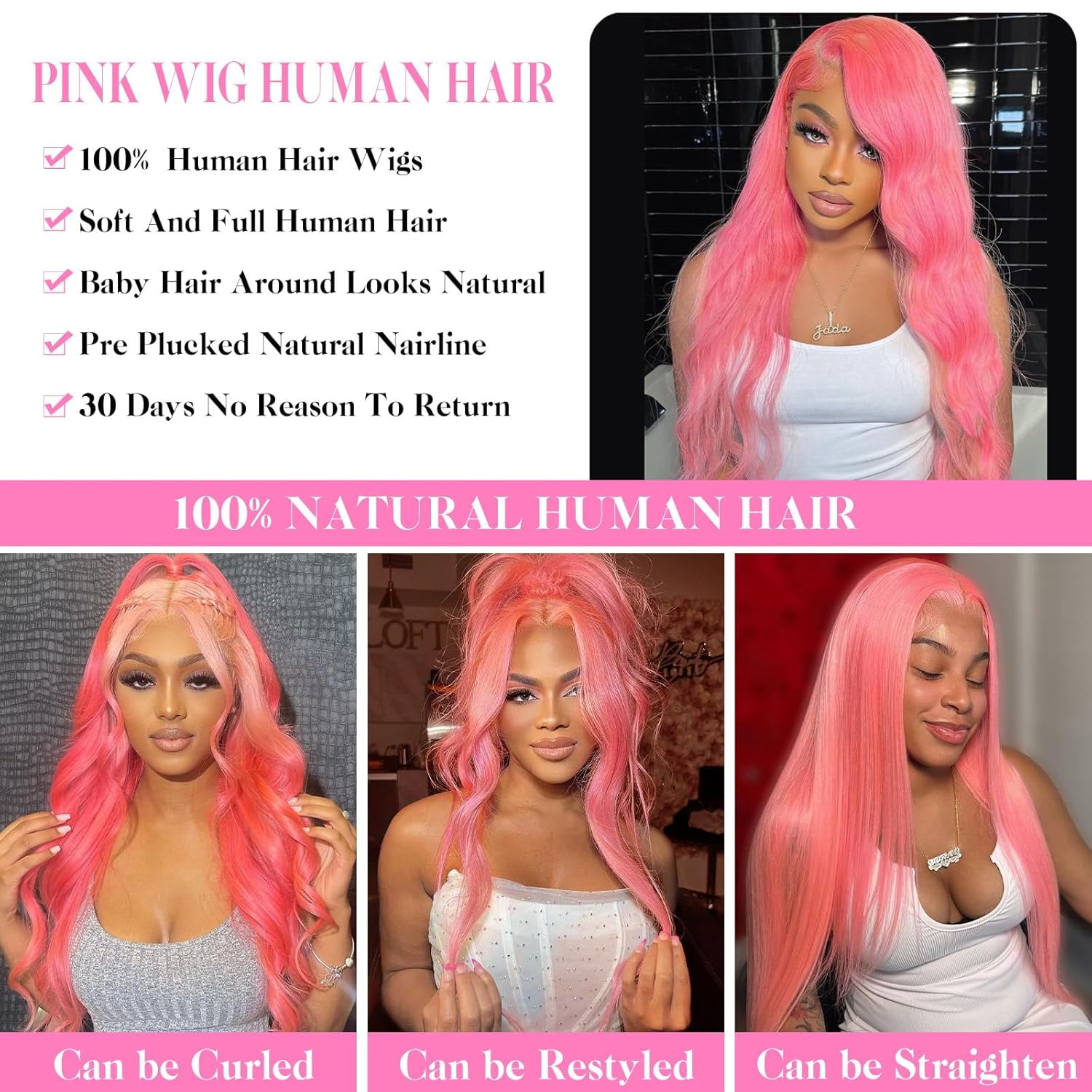 13*6 Inch HD Lace Closure 100% Human Hair Wig Body Wave Lace Front Wig 24" Pink Hair Heat Resistant Bleachable
