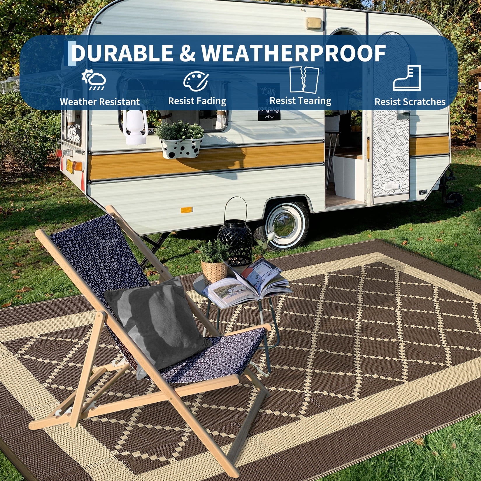 Garvee Outdoor Rug 9'x12' Waterproof Rug for Patios, Reversible Plastic Straw Rug Camping Carpet Mats for RV, Picnic, Backyard, Balcony, Porch, Beach, Brown