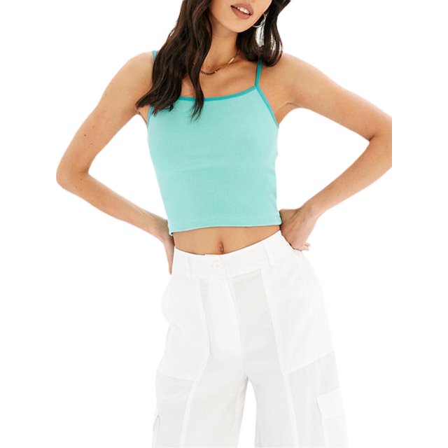 xiaxaixu Women's Basic Crop Cami Tops, Sleeveless Spaghetti Strap Contrast/Solid Color Camisole